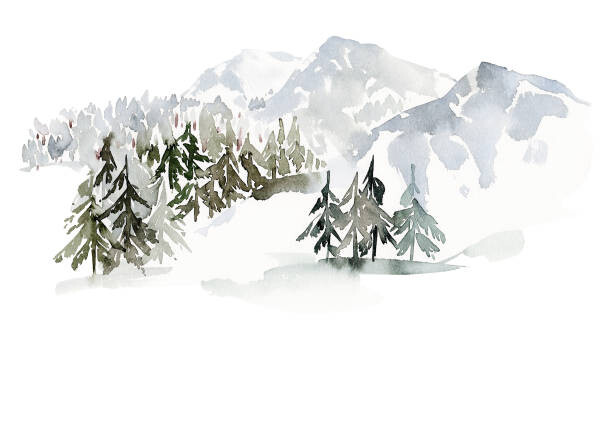 Levně Plakát, Obraz - Christmas winter watercolor landscape with mountains, Karma15381, 40 × 26.7 cm