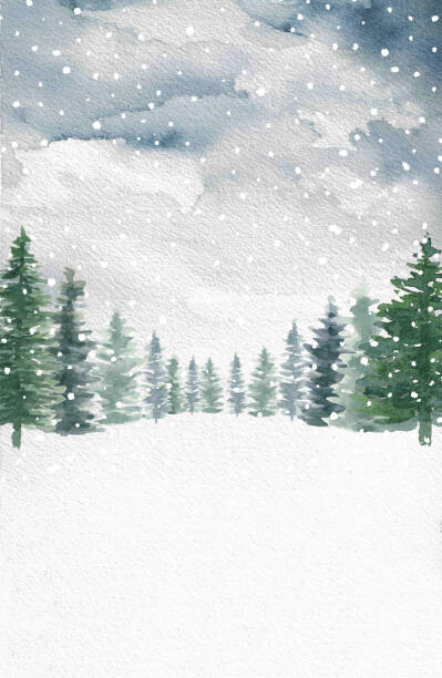 Levně Plakát, Obraz - Watercolor Winter Snow Pine Trees Background, Electric_Crayon, 26.7 × 40 cm