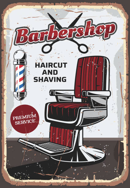 Levně Plakát, Obraz - Barbershop chair and scissors, retro vector, seamartini, 26.7 × 40 cm