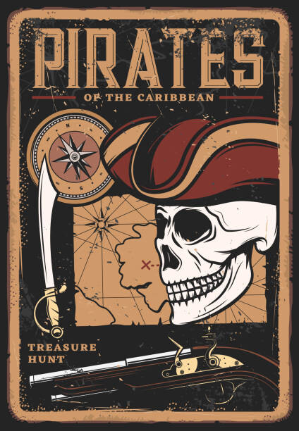 Plakát, Obraz - Pirates vintage poster, skull in hat, treasure map, seamartini, 26.7 × 40 cm