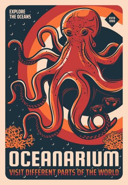 Levně Plakát, Obraz - Octopus in oceanarium aquarium retro vector banner, seamartini, 26.7 × 40 cm