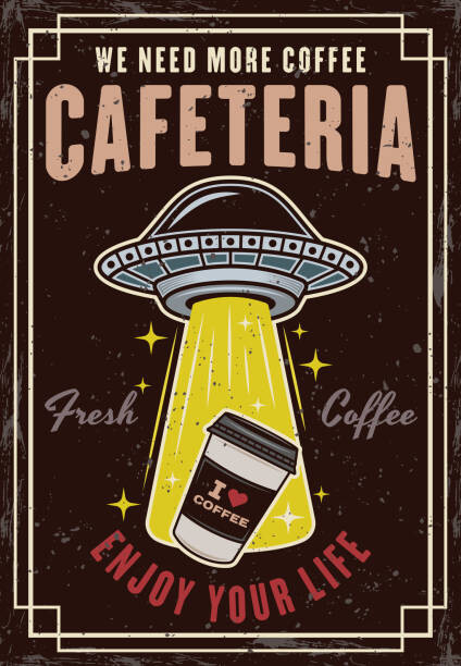 Ilustrace Ufo stealing coffee paper cup vintage, Igor Zhuravel, 26.7 × 40 cm