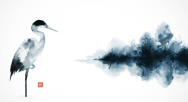 Levně Plakát, Obraz - Ink wash painting with heron and, Elinalee, 40 × 22.2 cm