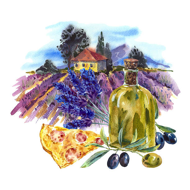 Levně Plakát, Obraz - Watercolor landscape with bloominglavender, olive, princessmaro, 40 × 40 cm