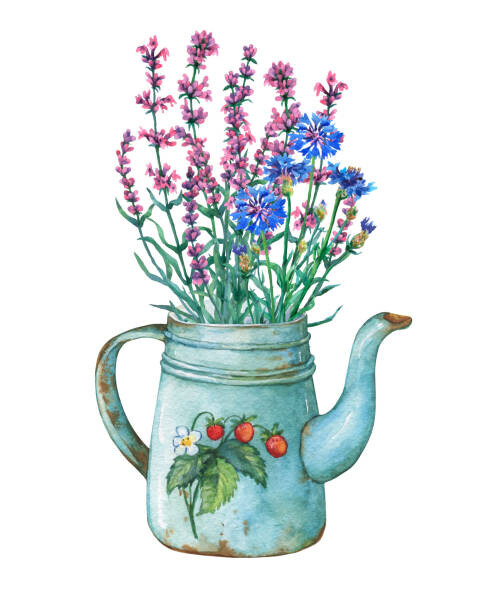 Levně Plakát, Obraz - Vintage blue metal teapot with strawberries, arxichtu4ki, 30 × 40 cm