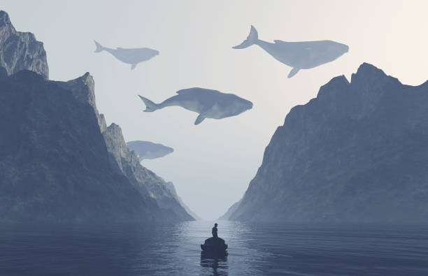 Levně Plakát, Obraz - Whales flying in the sky at, ALLVISIONN, 40 × 26.7 cm