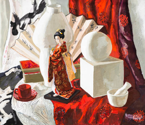 Levně Plakát, Obraz - still life with Japanese doll, geometric shapes, VvoeVale, 40 × 34.3 cm