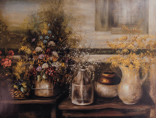Levně Plakát, Obraz - Wildflowers In Old Time Vases Original Painting, JonGorr, 40 × 30 cm