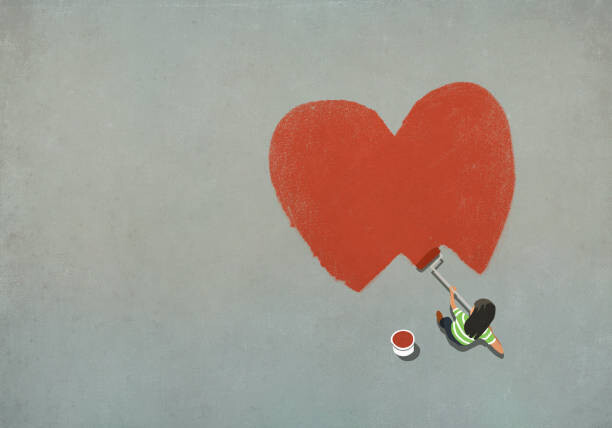 Levně Plakát, Obraz - Woman painting red heart with paint roller, Malte Mueller, 40 × 26.7 cm
