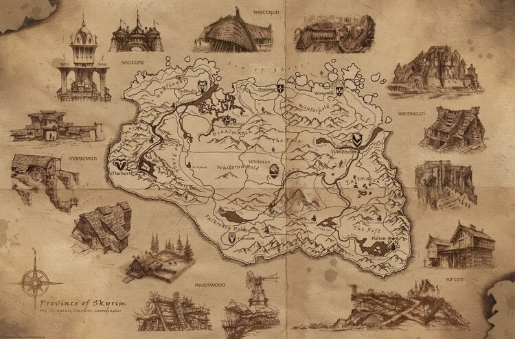 Plakát, Obraz - The Elder Scrolls V: Skyrim - Illustrated Map, (91.5 x 61 cm)