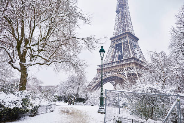 Levně Plakát, Obraz - Scenic view of Eiffel tower on snowy day, encrier, 40 × 26.7 cm
