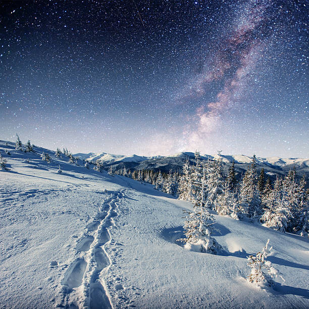 Fotografie starry sky in winter snowy night., standret, 40 × 40 cm