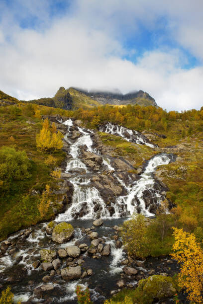 Umělecká fotografie Lofoten waterfall on Moskenesoya, Lofoten, Norway, miroslav_1, (26.7 x 40 cm)