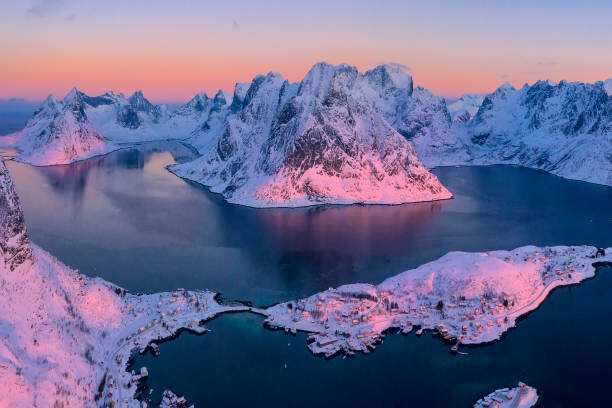 Levně Plakát, Obraz - Aerial view of snowy fjord and, Roberto Moiola / Sysaworld, 40 × 26.7 cm