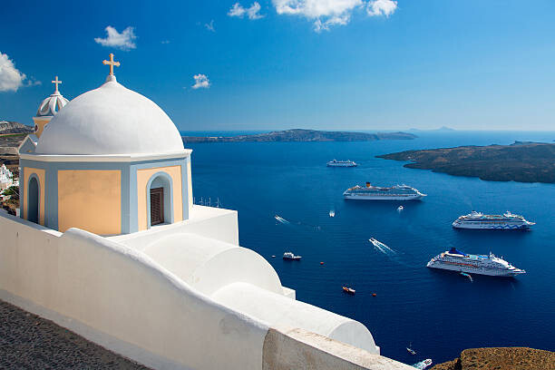 Levně Plakát, Obraz - Greece, Santorini, Fira (Thera), church domes, Sylvain Sonnet, 40 × 26.7 cm
