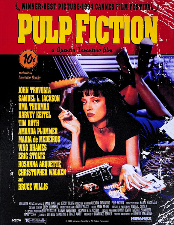 Plechová cedule Pulp Fiction - Uma on Bed, 30x40 cm