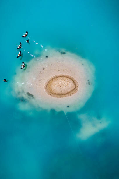 Fotografie Island in vibrant mine water, Germany, Abstract Aerial Art, 26.7x40 cm