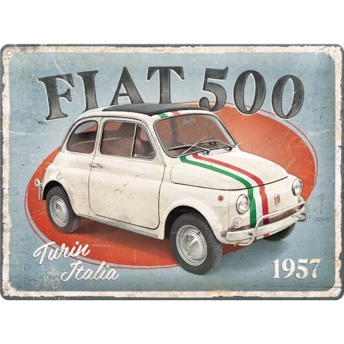 Plechová cedule Fiat 500 - Turin Italia, 40 x 30 cm
