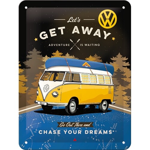 Plechová cedule Volkswagen VW Bulli - Let‘s Get Away Night, 15 x 20 cm