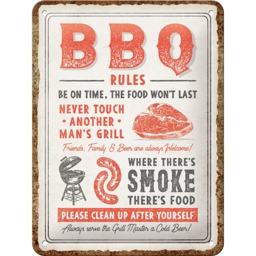 Plechová cedule BBQ Rules, (15 x 20 cm)