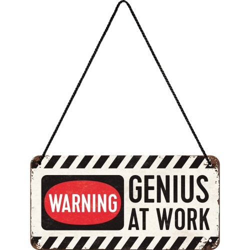 Plechová cedule Warning! Genius at Work, 20 x 10 cm