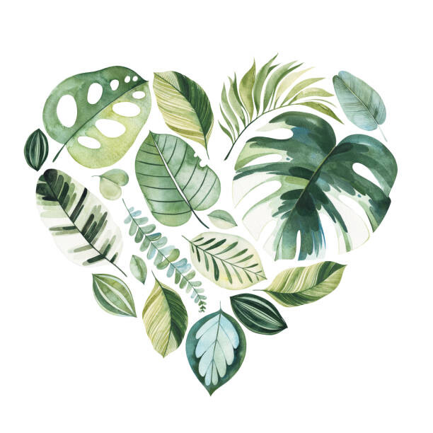 Ilustrace Handpainted illustration with colorful tropical leaves., Ekaterina Skorik, 40x40 cm