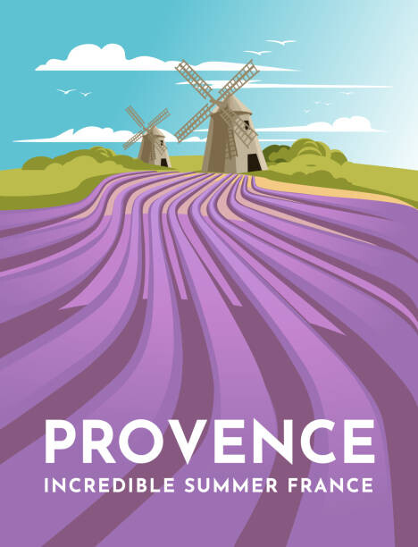 Ilustrace Provence lavender fields and windmills. Classic, Mariia Agafonova, 30x40 cm