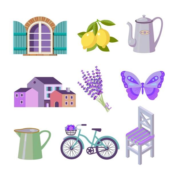 Ilustrace set of color flat vector icons for Provence travel, kukurikov, 40x40 cm