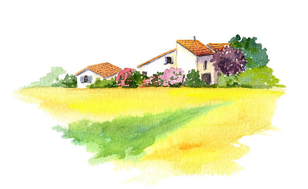 Ilustrace Rural house and yellow field in, zzorik, 40x24.6 cm