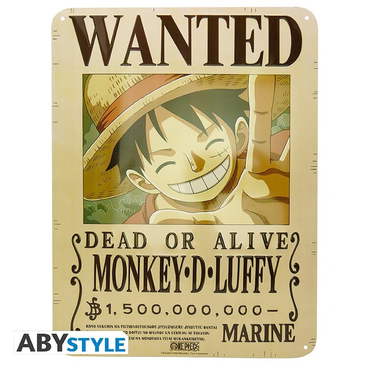 Plechová cedule One Piece - Luffy Wanted New World, 28 x 38 cm