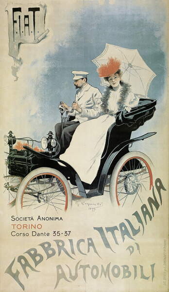 Fotografie Poster advertising an early 'FIAT' car, 1899, Carpanetto, Giovanni Battista, 22.5x40 cm