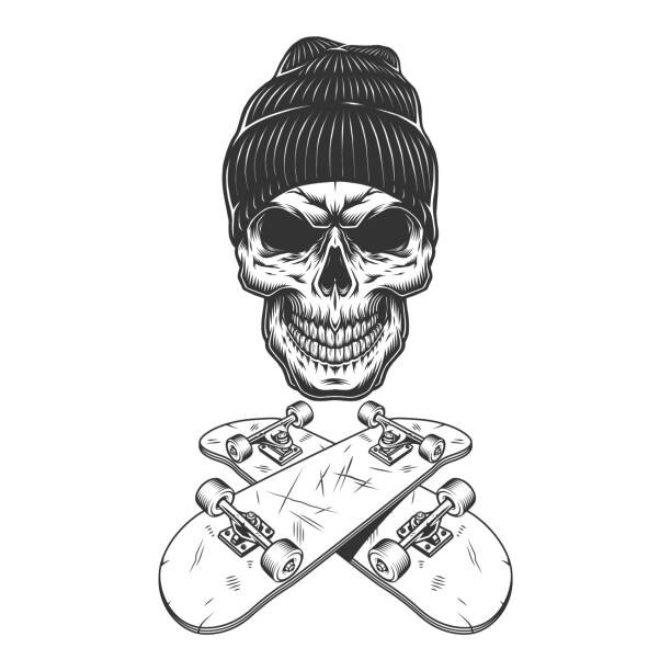 Ilustrace Vintage monochrome skateboarder skull, dgim-studio, 40x40 cm