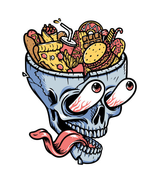 Ilustrace lots of food on top of the skull, gunaonedesign, 35x40 cm