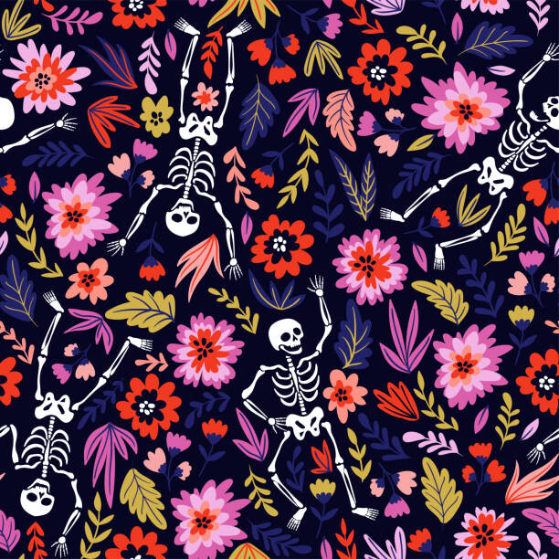 Ilustrace Dancing skeletons in the floral garden., Utro_na_more, 40x40 cm