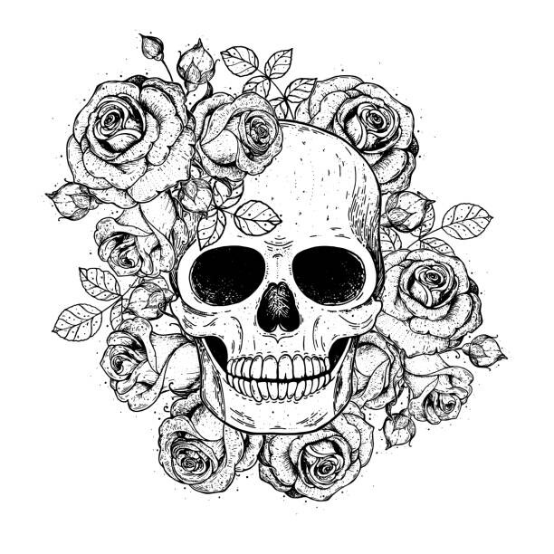 Ilustrace Skull and flowers hand drawn illustration., vidimages, 40x40 cm