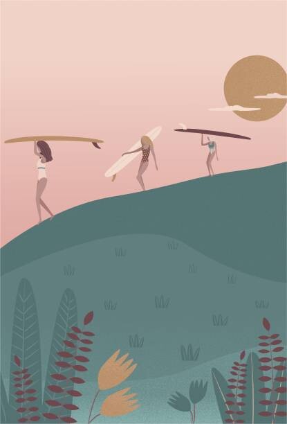 Ilustrace Surf girls walking with the longboards, LucidSurf, 26.7x40 cm