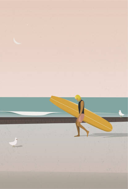 Ilustrace Longboard surfer walking on the beach, LucidSurf, 26.7x40 cm