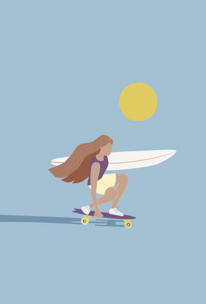 Ilustrace Flat illustration of surfer girl skating, LucidSurf, 26.7x40 cm