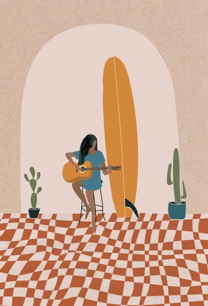 Ilustrace Longboard Surfing culture flat illustration, LucidSurf, 26.7x40 cm