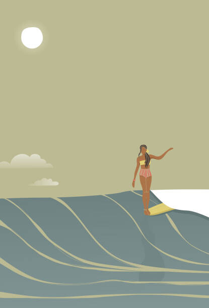 Ilustrace Surfer girl full moon retro style vector, LucidSurf, 26.7x40 cm