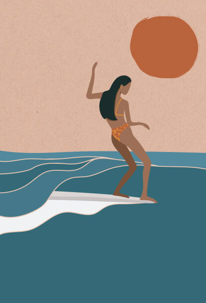 Ilustrace Female Surfer riding the wave, flat, LucidSurf, 26.7x40 cm
