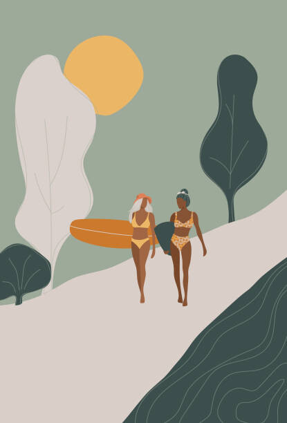 Ilustrace Surfer Girls walking with the surfboards, LucidSurf, 26.7x40 cm