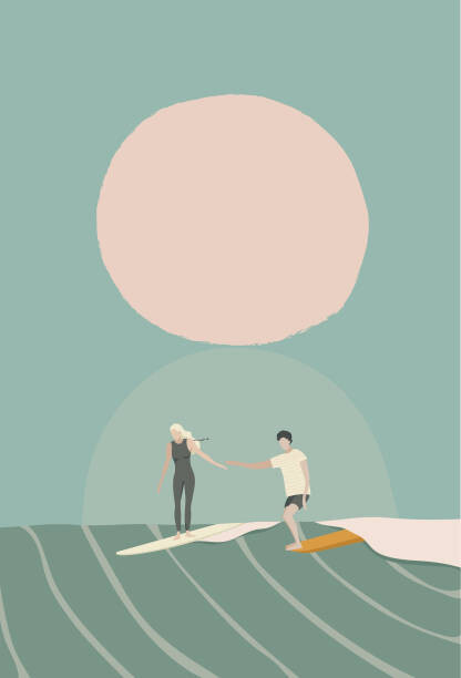 Ilustrace A surf couple surfing on the longboard surfboards, LucidSurf, 26.7x40 cm