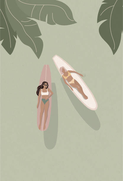 Ilustrace Surfer girls above on the surfboards,, LucidSurf, 26.7x40 cm