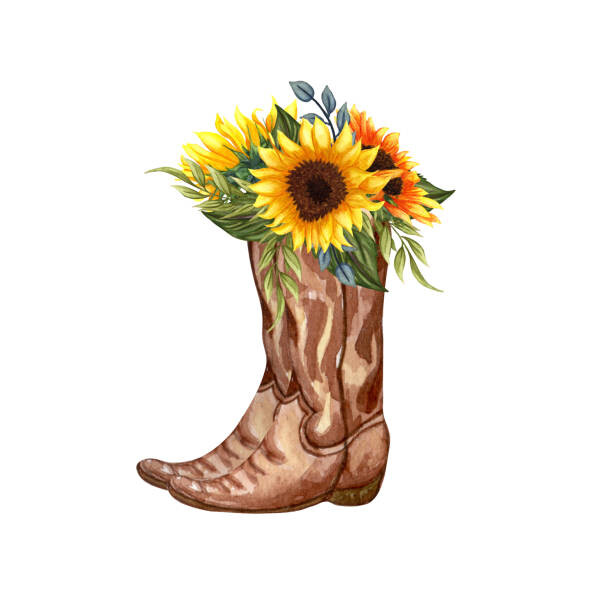 Fotografie Watercolor Flowers in boots. Cowboy boot, BarvArt, 40x40 cm