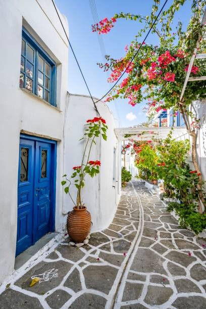 Levně Plakát, Obraz - White Cycladic houses with blue door, imageBROKER/Mara Brandl, 26.7 × 40 cm