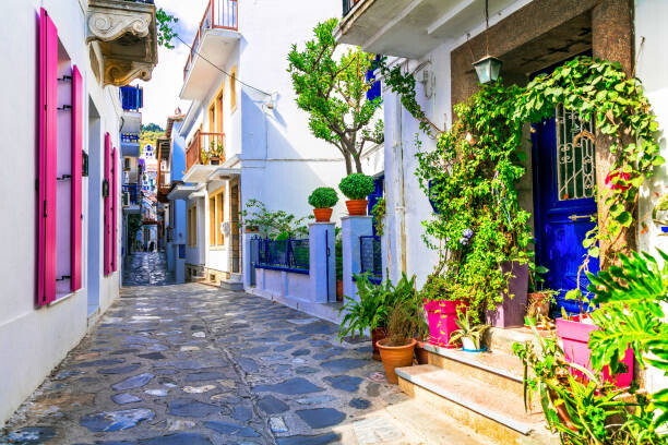 Fotografie Charming traditional narrow streets of greek, Freeartist, 40x26.7 cm