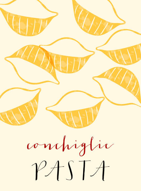 Ilustrace Shells Italian pasta. Shells poster illustration., Alina Beketova, 30x40 cm