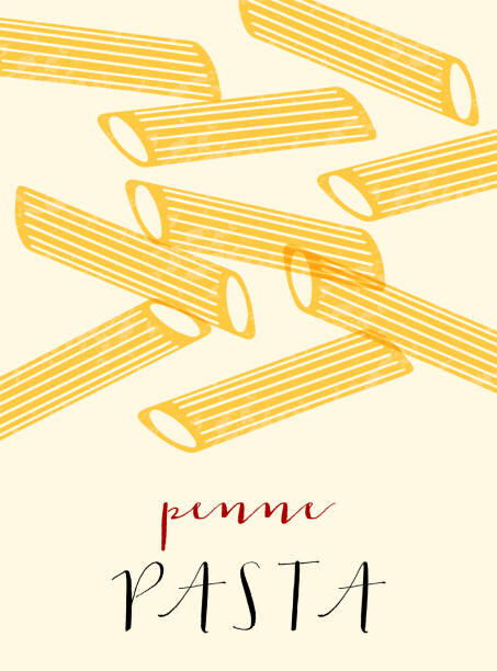 Ilustrace Penne Italian pasta. Penne poster illustration., Alina Beketova, 30x40 cm