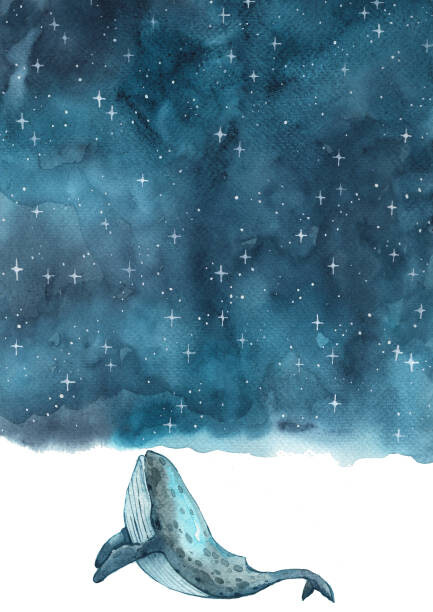 Levně Plakát, Obraz - Whale swimming on star ocean watercolor., ToBeeLife, 30 × 40 cm